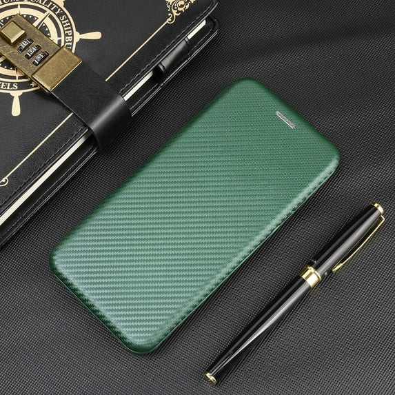 ZHaobin Magnetic Close Carbon Fibre Flip Cover Leather Case for IPhone 16 Pro Max Plus Wallet Card Slot Phone Stand (Green,i-Phone 13 Pro,Case & Strap)