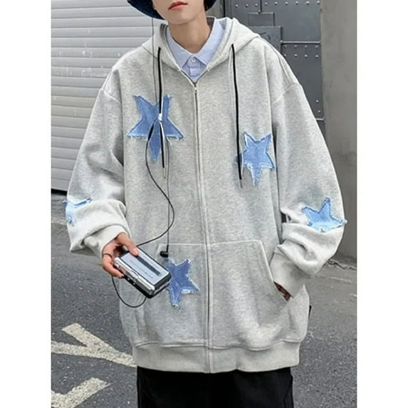 ZHaobin Men's Star Patch Zip Up Hoodie for Men Oversized Y2k Sweatshirt Jacket E-Girl 90s Pullover Streetwear (GRAY,XL)