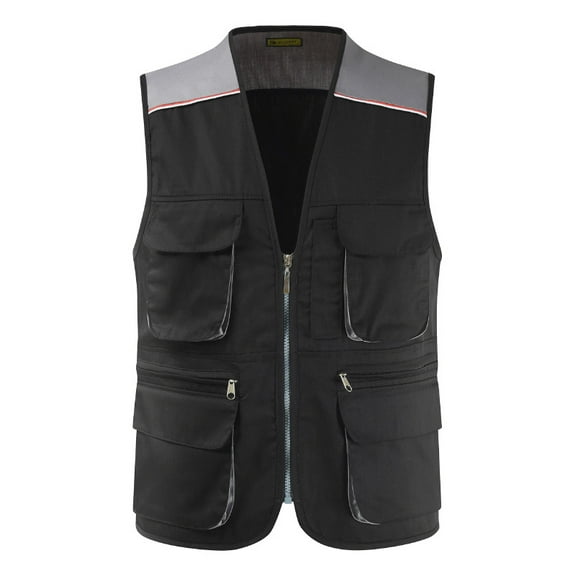 ZHaobin Mens Active Work Utility Waistcoat Fishing Vest Photography Work Multi-Pockets Outdoors Journalist's Vest Sleeveless Jackets (Black with Grey,XXL-Full Chest116cm)