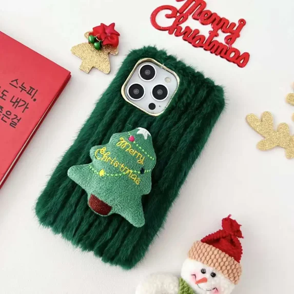 ZHaobin New Year Merry Christmas Tree Plush Boots Phone Case for iphone 16 15 Pro Max Red Hairy Warm Fur Soft Cover (For iphone 15,green)