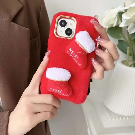 ZHaobin New Year Merry Christmas Tree Plush Boots Phone Case for iphone 16 15 Pro Max Red Hairy Warm Fur Soft Cover (For iphone 15Pro,Red)