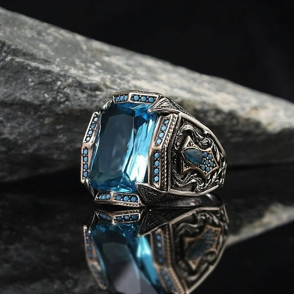 ZHaobin Retro Handmade Turkish Signet Ring for Men Women Ancient Silver Color Carved Ring Inlaid Sky Blue Zircon Punk Motor Biker Ring (9,Blue)