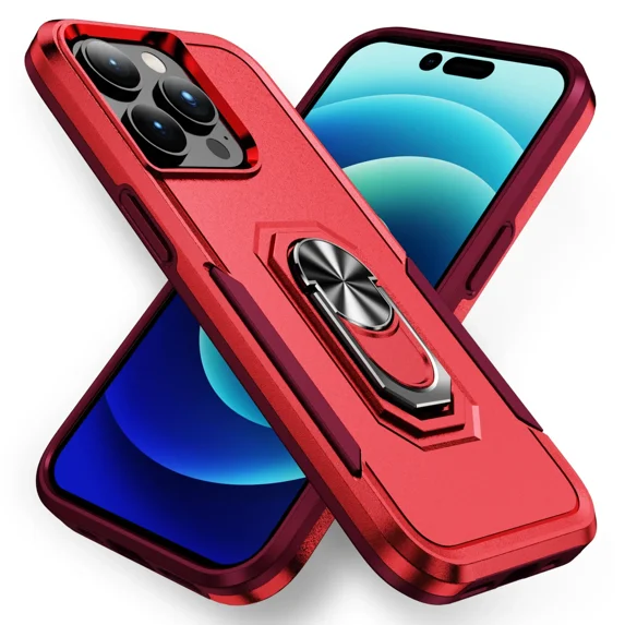ZHaobin Shockproof Heavy Duty Armor 2N1 Phone Case for IPhone 16 Pro Max 15 14 13 Plus Magnetic Ring Holder Stand Bumper Otter Cover Box (Red,For iPhone14 Pro Max)