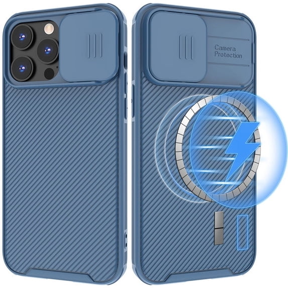 ZHaobin Slide Lens Protection Magnetic PC Phone Cover for iPhone 16 11 12 13 14 15 Pro Max Plus Soft TPU for Magsafe Wireless Back Case (Blue,For iPhone 12 ProMax)