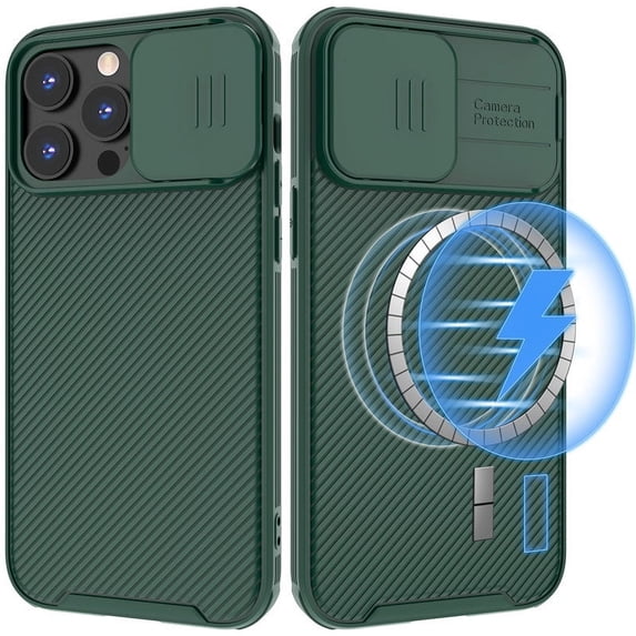 ZHaobin Slide Lens Protection Magnetic PC Phone Cover for iPhone 16 11 12 13 14 15 Pro Max Plus Soft TPU for Magsafe Wireless Back Case (Green,For iPhone 16 Pro)