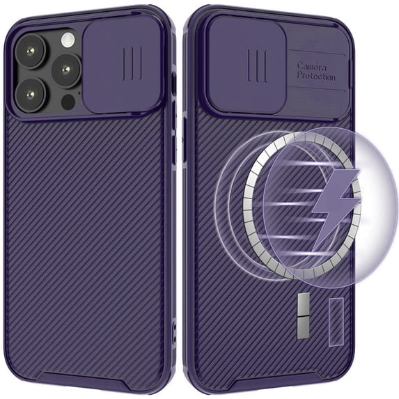 ZHaobin Slide Lens Protection Magnetic PC Phone Cover for iPhone 16 11 12 13 14 15 Pro Max Plus Soft TPU for Magsafe Wireless Back Case (Purple,For iPhone 12 Pro)