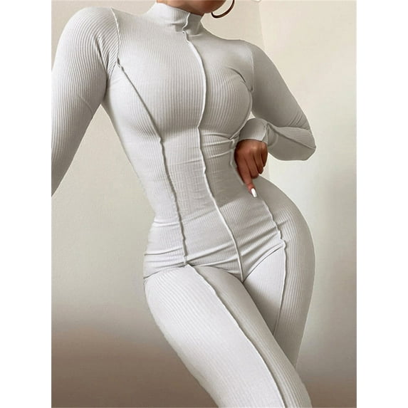 ZHaobin Spring White Ribbed Bodycon Jumpsuits Casual Sporty Clothes for Women 2024 Long Sleeve Black Activewear Ladies Streetwear (WHITE,L)
