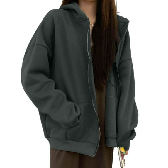 ZHaobin Streetwear Thick Hooded Hoodie Women Vintage Long Sleeve Embroidery Loose Zip Up Hoodies Autumn Couple Sweatshirt Jacket (Dark Gray,L)