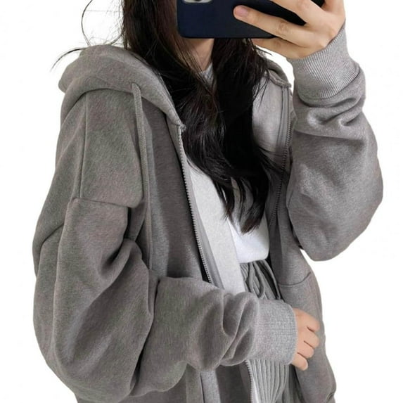 ZHaobin Streetwear Thick Hooded Hoodie Women Vintage Long Sleeve Embroidery Loose Zip Up Hoodies Autumn Couple Sweatshirt Jacket (Light Grey,L)