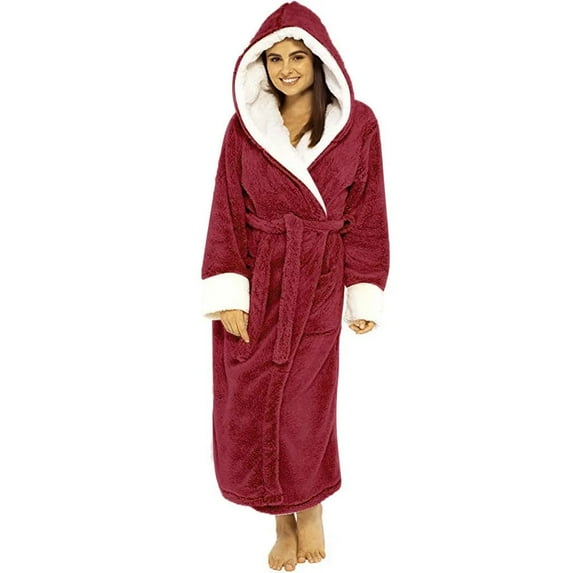 ZHaobin Thicken Warm Couple Style Flannel Robe Winter Long Sleeve Bathrobe Sexy Hooded Women Men Nightgown Lounge Sleepwear Home Clothes (Red,M)