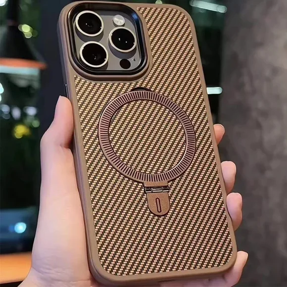 ZHaobin Titanium Gold carbon fiber Magsafe case for iPhone 16 15 Pro Max 16Plus Magnetic Wireless Charge with Kickstand shockproof cover (Gold,For iPhone16 Pro Max)