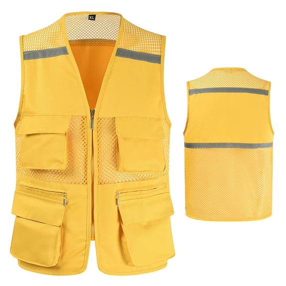 ZHaobin Utility Work Waistcoat for Men with Pockets and Reflective Stripes Breathable Mesh Work Vest Jacket Workwear (Golden,XXXL-Full Chest122cm)