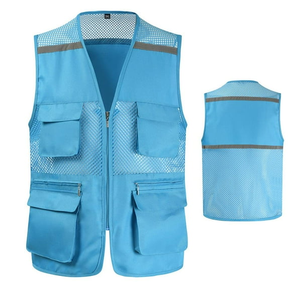 ZHaobin Utility Work Waistcoat for Men with Pockets and Reflective Stripes Breathable Mesh Work Vest Jacket Workwear (Sky Blue,XXXL-Full Chest122cm)