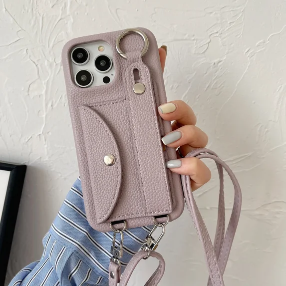 ZHaobin Wrist Strap Crossbody Lanyard Case for iPhone 16 15 14 Pro Plus Card Holder Wallet Leather Cover (Light Purple,For iPhone 15Pro Max)