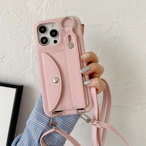 ZHaobin Wrist Strap Crossbody Lanyard Case for iPhone 16 15 14 Pro Plus Card Holder Wallet Leather Cover (Pink,For iPhone 15)