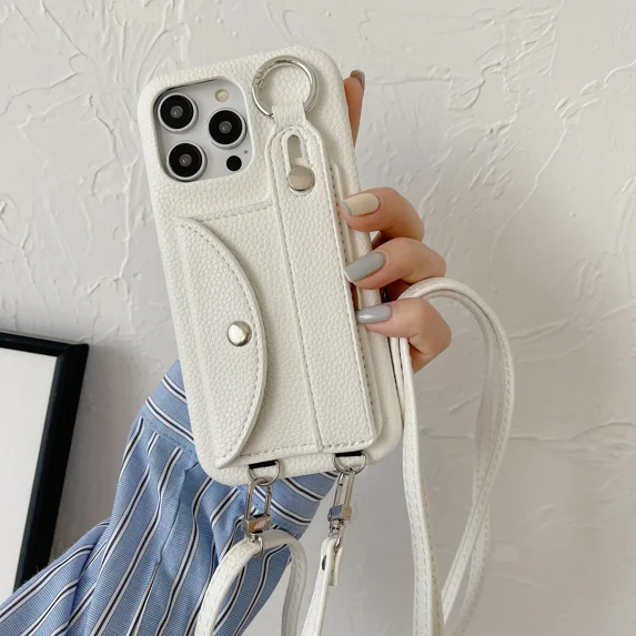 ZHaobin Wrist Strap Crossbody Lanyard Case for iPhone 16 15 14 Pro Plus Card Holder Wallet Leather Cover (White,For iPhone 15 Pro)
