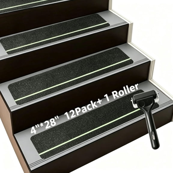 ZHss Luminous Non-Slip Stair Tread Tape, 4 inches x 28 inches, 12 packs, Black, Waterproof Self-Adhesive PVC Anti-Slip Strips with Installation Roller, Suitable for Stairs, Ramps, and Patios