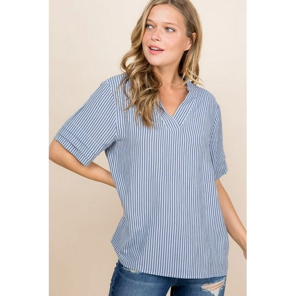 ZIA STRIPED V NECK TOP WITH DETAIL SLEEVES