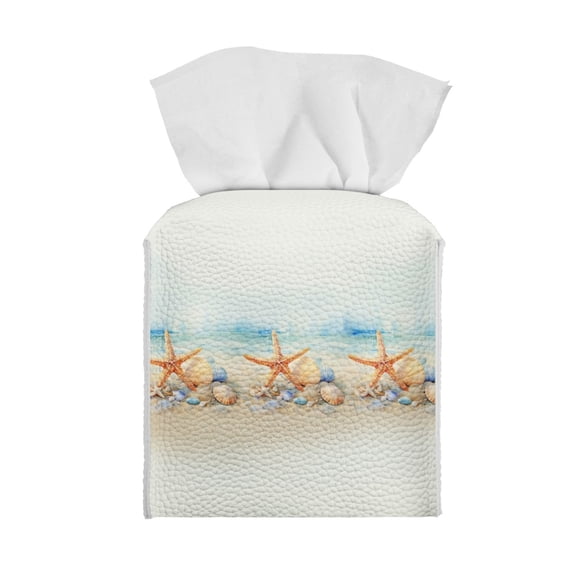 ZIABUTLE Beach Starfish PU Leather Tissue Box Cover Square Tissue Box Holder Decorative Cube Tissue Holder for Kitchen Soft Tissue Organizer Wear Resistant Facial Napkin Box Holders