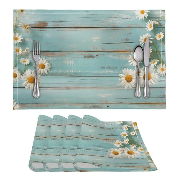 ZIATUBLE 4 PCS Dining Mat Set Sturdy Soft Placemats for Kitchen Restaurant Cafe Table Heat Stain Resistant Home Countertop Accessory Decor, 11.8 x 17.7 Inch, Daisy Pale Blue Wood Grain