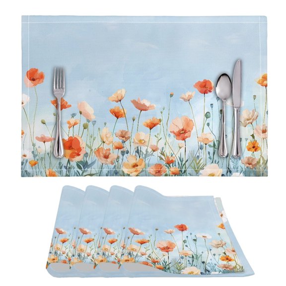ZIATUBLE 4 PCS Placemat Heat Resistant Absorbent Kitchen Dining Mats Washable Sturdy PVC Polyester Tablemat for Easter Home Cafe Restaurant Accessory Decor, Floral Pale Blue