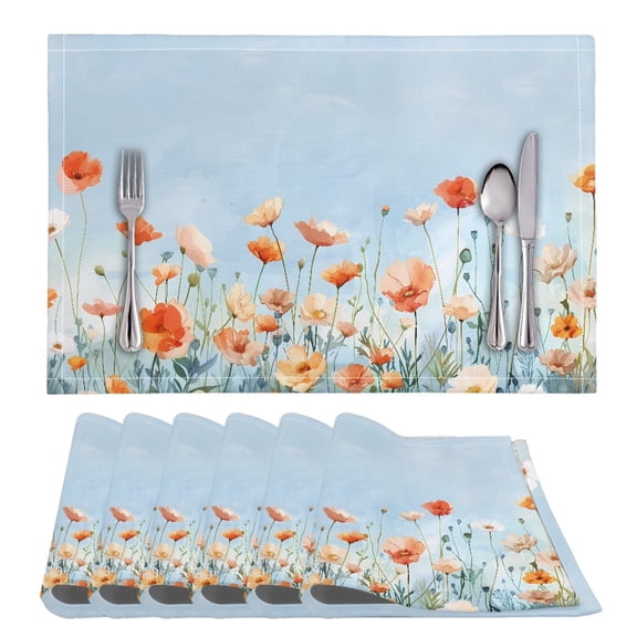 ZIATUBLE 6 PCS Placemat Heat Resistant Absorbent Kitchen Dining Mats Washable Sturdy PVC Polyester Tablemat for Easter Home Cafe Restaurant Accessory Decor, Floral Pale Blue