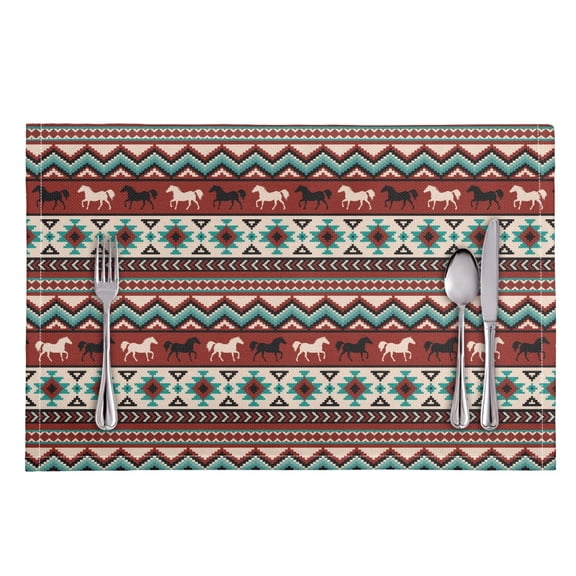 ZIATUBLE 8 PCS Placemat Modern Washable Kitchen Dining Mats Heat Resistant Sturdy Tablemat Home Accessory Decoration, 11.8 x 17.7 Inch, American Tribal Horse Pattern