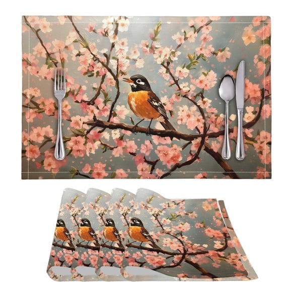 ZIATUBLE Amercian Robin Peach Flower Printed Placemats Set of 4 Non-Slip PVC Polyester Cloth Meal Mat for Kitchen Dining Table Washable Soft Home Accessory Decor