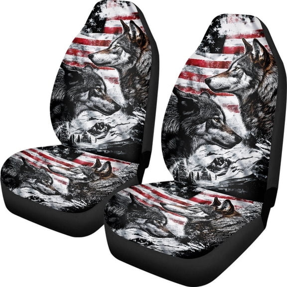 ZIATUBLE American Flag Car Seat Covers Full Set Gray Wolf Covers Front Seats Only Pack of 2 Universal Fit Cars Sedan SUV Anti Slip Vehicle Bucket Seat Cover Auto Interior Accessories for 4th of July