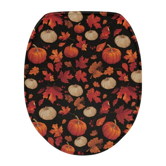 ZIATUBLE Autumn Pumpkin Toilet Lid Dust Cover Thanksgiving Maple Oval Toilet Lid Covers Happy Fall Easy to Install Toilet Lid Cover with Stretch Edges Toilet Seat Covers
