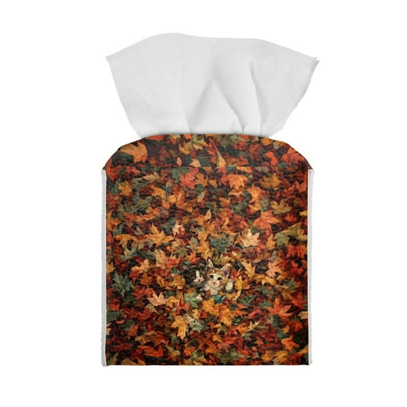 ZIATUBLE Autumn Thanksgiving Tissue Boxes Square Maple Leaves Leather Tissue Holder Box Cut Cat Tissue Box Container Lightweight Napkin Organizer Dispenser Fall Decoration