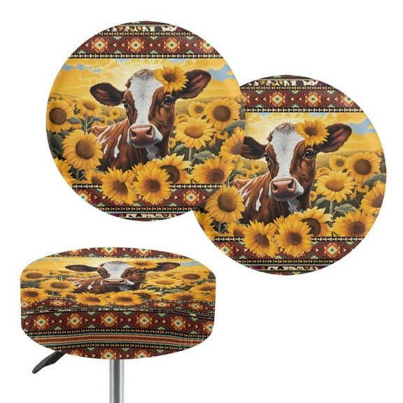 ZIATUBLE Aztec Ethnic Bar Stool Seat Covers Sunflower Cow Stool Covers Cushion Set 2 Piece Round Stool Covers with Padding 12-14 Inch Stool Seat Replacement Cover Home Decor