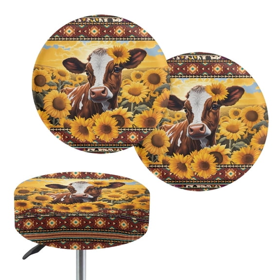 ZIATUBLE Aztec Ethnic Bar Stool Seat Covers Sunflower Cow Stool Covers Cushion Set 2 Piece Round Stool Covers with Padding 13-15 Inch Stool Seat Replacement Cover Home Decor