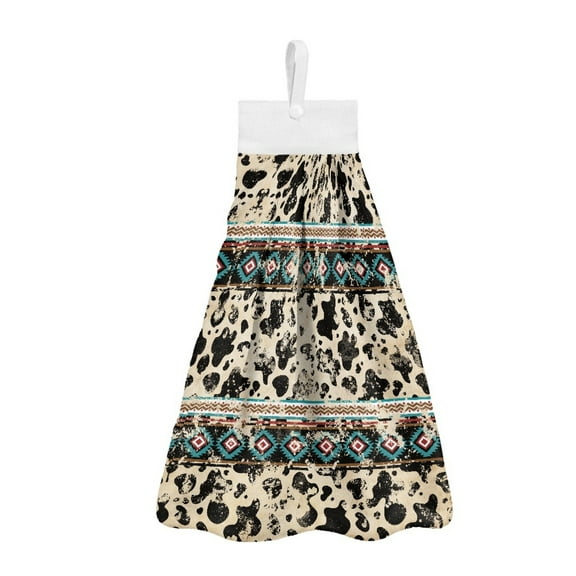 ZIATUBLE Aztec Ethnic Kitchen Towel Hangs Cow Print Hand Towels with Loop Absorbent Dish Cloths Soft Hand Towels Hanging Loops for Kitchen and Bathroom Fast Drying Hanging Tie Towels