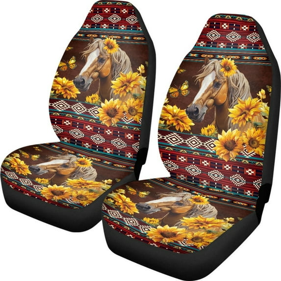 ZIATUBLE Aztec Southwest Car Seat Dust Cover Sunflower Horse High Back Bucket Seat Covers Set of 2 Piece for Most Cars SUV Trucks Stylish Car Seat Covers Full Set Auto Seat Accessories