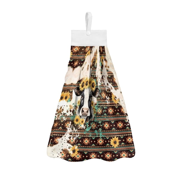ZIATUBLE Aztec Tribal Hanging Hand Towel Sunflower Cow Kitchen Hand Towels Absorbent Bathroom Hand Bath Towel 3 Pcs with Hanging Loop Kitchen Hand Towels and Washcloths Living Room