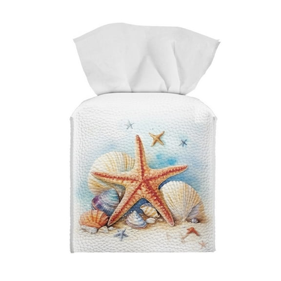 ZIATUBLE Beach Starfish Square Tissue Box Cover Shells PU Leather Tissue Box Holder Decorative Cube Tissue Holder for Living Room Lightweight Tissue Box Holder Home Decor