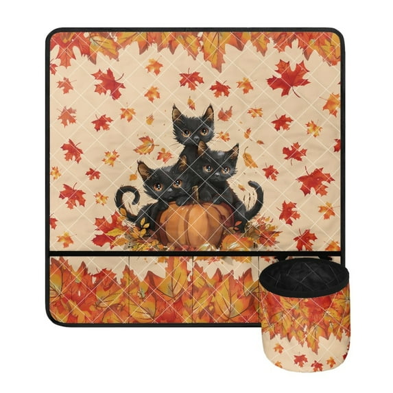 ZIATUBLE Black Cat Sewing Machine Mat Autumn Maple Leaves Sewing Kit Organizer Thanksgiving Pumpkin Sewing Machine Pad with Storage Pocket for Small Fabric Scraps Etc Foldable