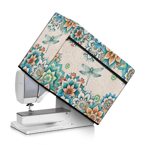 ZIATUBLE Boho Mandala Flower Sewing Machine Cover Pattern Dragonfly Dust Cover for Sewing Machine Soft Sewing Machine Protector Cover with Storage Pocket and Carrying Handle