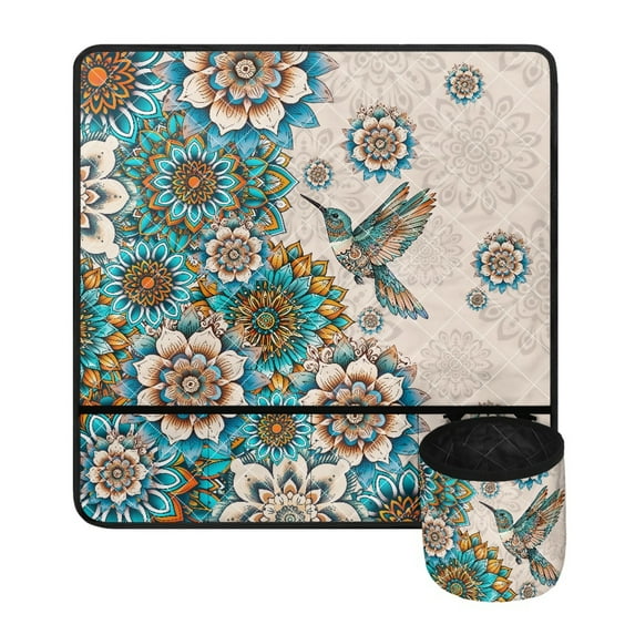 ZIATUBLE Boho Mandala Flower Sewing Machine Mat for Table Hummingbird Sewing Machine Cross Stitching Mat Stain Resistant Sewing Machine Pad for Table with Removable Storage Bag