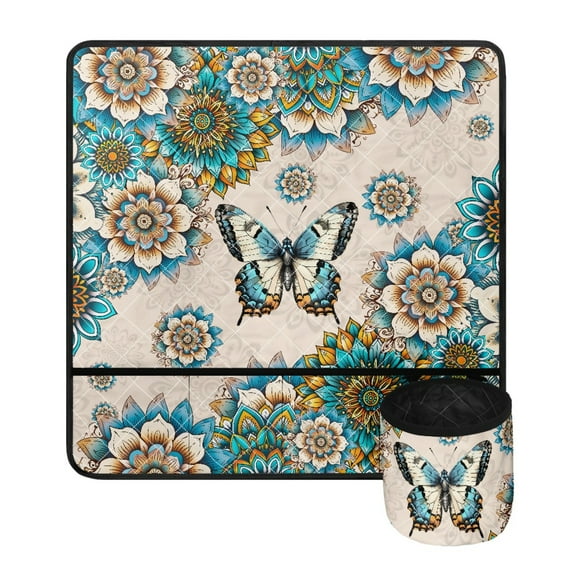 ZIATUBLE Boho Mandala Flower Sewing Machine Mats Anti Bounce Butterfly Sewing Machine Muffling Mat with Pockets Washable Sewing Machine Pad for Table with Removable Storage Bag