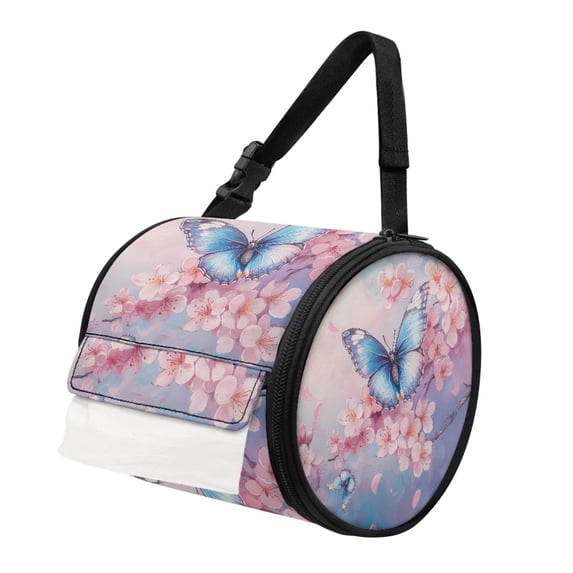 ZIATUBLE Butterfly Dispenser Tissue Holder Cherry Blossom Paper Towel Dispenser Case Washable Camping Tissue Box Round Tissue Paper Dispenser Organizer for Kitchen Bathroom