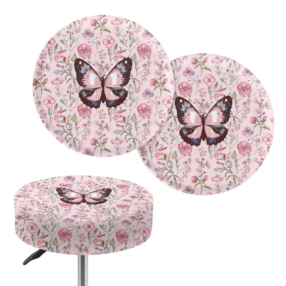 ZIATUBLE Butterfly Flower Chairs Decorative Cover Soft Stool Cushion Covers Circle Size S Polyester Round Stool Slipcover Easy to Clean Stool Seat Replacement Cover 2 Pack Stool Cover