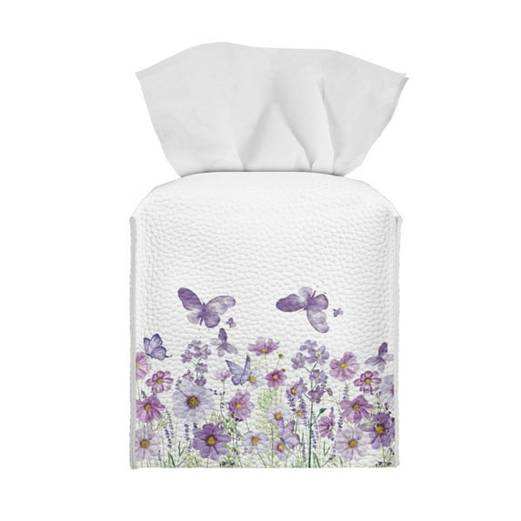 ZIATUBLE Butterfly Flower Square Tissue Box Holder Leather Tissue Box Covers Decoration Facial Napkin Box Holders Rectangular for Study Room Easy to Clean Tissue Box Cover Case