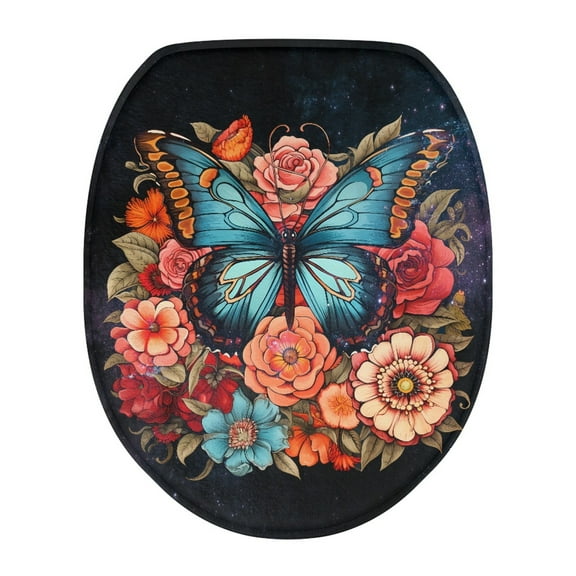 ZIATUBLE Butterfly Flower Toilet Lid Seat Cover Galaxy Toilet Seat Lid Covers for Bathroom Elongated Decorative Toilet Seat Covers Washable Toilet Lid Cover Fits Most Toilet Lids