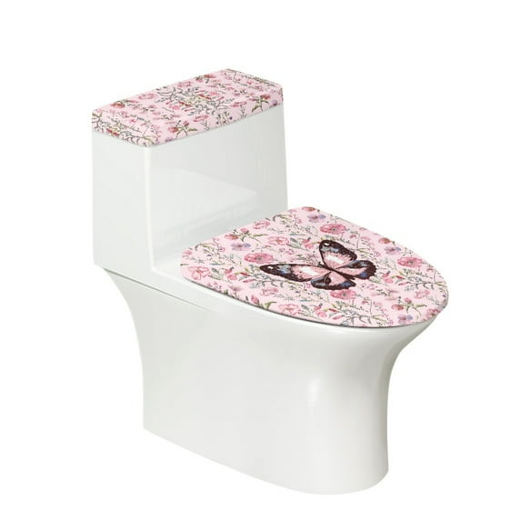 ZIATUBLE Butterfly Flower Toilet Lid Tank Lid Dust Cover Set of 2 Toilet Tank Lid Covers Elongated Toilet Seat and Tank Lid Cover Set Machine Washable Bathroom Toilet Cover Set