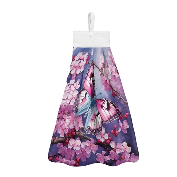 ZIATUBLE Butterfly Hanging Hand Towel Cherry Blossom Hanging Kitchen Dish Towel 3 Pcs with Snap Button Hand Towels for Bathroom with Loop Machine Washable Dish Towel Hand Towels