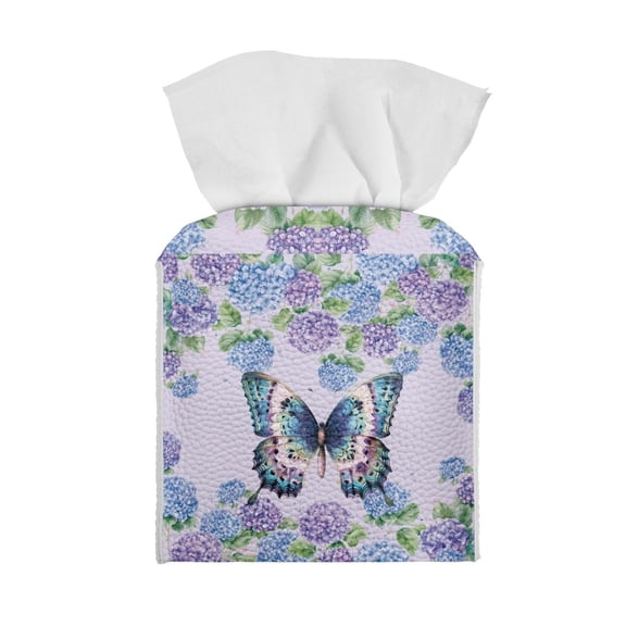ZIATUBLE Butterfly Hydrangea Leather Tissue Box Covers Square Facial Tissue Holder Storage Decorative Rectangular Tissue Box Covers Easy to Clean Tissue Box Covers Cube Home