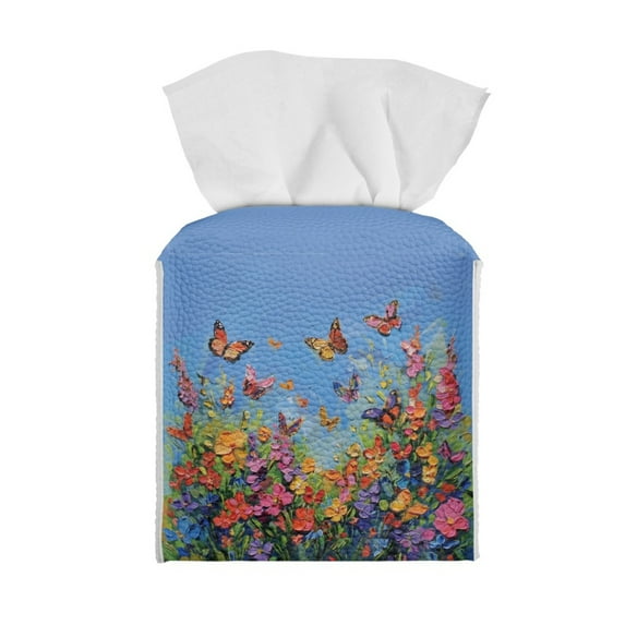 ZIATUBLE Butterfly Oil Painting Square Tissue Box Cover Case PU Leather Tissue Box Holder Flower Decorative Rectangular Tissue Box Covers Easy to Clean Facial Napkin Box Holders