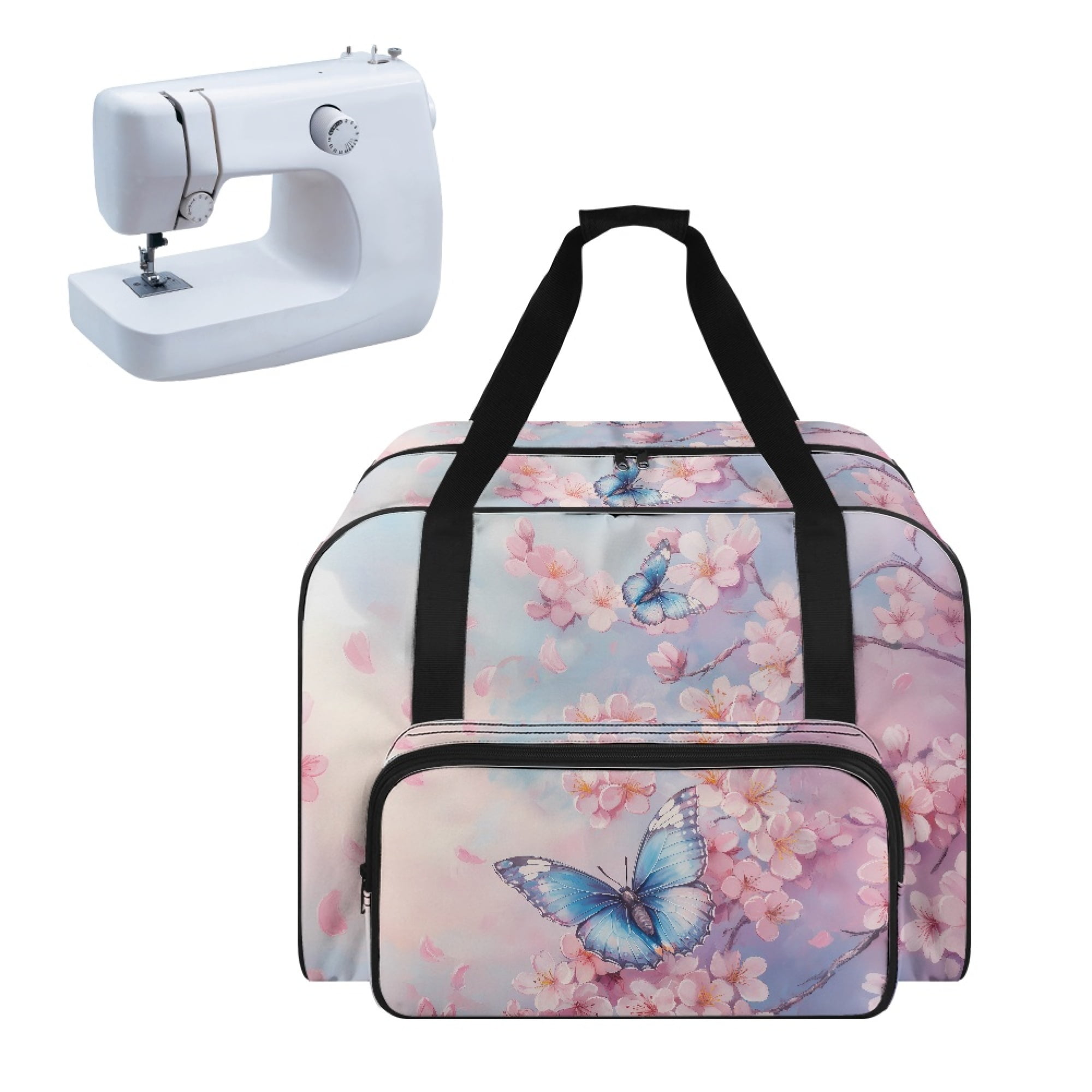 ZIATUBLE Butterfly Zippered Travel Bag Cherry Blossom Portable Carrying Totes Stain Resistant Sewing Machine Supplies Organizer Suitable for Most Standard Sewing Machine Accessories